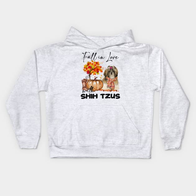 Fall In Love With Shih Tzus Fall Pumpkin Thanksgiving Kids Hoodie by Gearlds Leonia